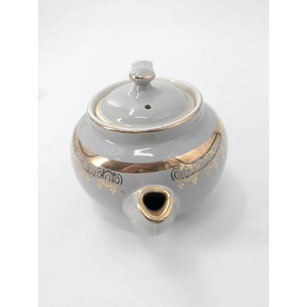 Hall Vintage Gray Metallic Gold Tea Pot 6 Cups Made in USA Art Deco Style
